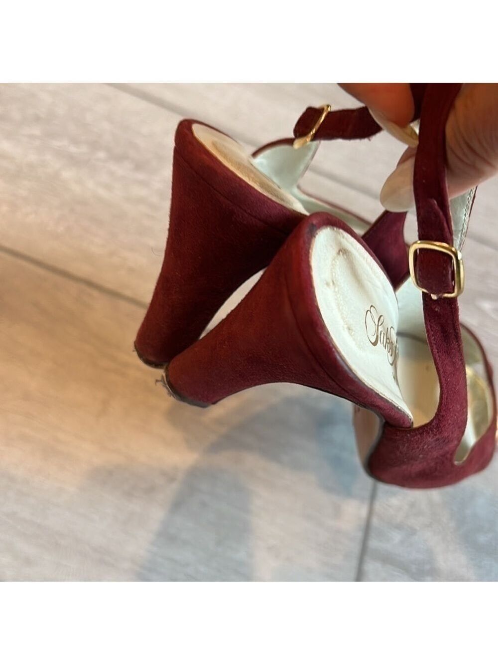 SAKS Fifth Avenue Burgundy Suede Peep Toe Slingback Heel Size 7 - Picture 6 of 12